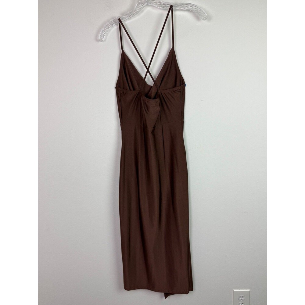 Brown Satin Midi Slip Dress Medium Cowl Neck Ruching Y2K Revival 90's Bodycon - Picture 5 of 9